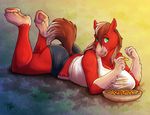  anthro big_breasts big_butt breasts brown_hair butt cleavage clothed clothing eating equine female food fur green_eyes hair hooves horse kaylii looking_at_viewer lying mammal on_stomach red_fur shorts solo thighs top white_fur white_hair 