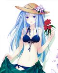  :d bikini blue_bikini blue_eyes blue_hair breasts cleavage front-tie_top green_sarong hat highres long_hair medium_breasts natsukawa_masuzu navel open_mouth ore_no_kanojo_to_osananajimi_ga_shuraba_sugiru petals ruroo sarong sarong_lift scan smile solo straw_hat striped striped_sarong sun_hat swimsuit 