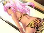  1girl ass back bare_shoulders blush butt_crack chocolate_princess! cosplay crown dark_skin dodai_shouji flat_chest game_cg highres legs long_hair looking_back pink_hair sitting solo thighs twintails yellow_eyes 