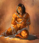  amber_eyes anthro balls bandage biceps black_hair black_nose brown_fur cheetahpaws feline flaccid fur hair humanoid_penis kneeling lion male mammal mane muscles necklace nipples nude pecs penis pose pubes sheath solo tan_fur toned uncut 