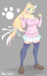  anthro big_breasts breasts canine cleavage clothed clothing dog female hair_ribbon looking_at_viewer mammal shoes skirt solo standing sweater theycallhimcake truffles watermark 