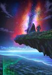  2boys absurdres akatsuki_(log_horizon) armor black_hair blue_hair cloud darkmuleth detached_sleeves forest highres landscape log_horizon long_hair multiple_boys naotsugu_(log_horizon) nature night night_sky ponytail robe scenery shield shiroe short_hair sky staff star_(sky) starry_sky 