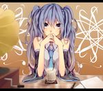  blue_eyes blue_hair covering_mouth detached_sleeves drink hakuri hatsune_miku highres letterboxed long_hair looking_at_viewer necktie phonograph simple_background solo twintails vocaloid 