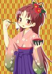  bowl camellia chopsticks dripping floral_print flower food hair_flower hair_ornament hakama japanese_clothes kimono long_hair looking_at_viewer mahou_shoujo_madoka_magica meiji_schoolgirl_uniform mochi new_year obi open_mouth ponytail purple_hakama red_eyes red_hair sakura_kyouko sash shiruko_(food) solo tsubaki_(tatajd) wagashi yagasuri 