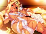  areolae blonde_hair breasts chocolate_princess! dark_skin dodai_shouji game_cg gradient gradient_background green_eyes highres large_breasts legs long_hair looking_at_viewer lying navel nipples open_mouth smile solo thighs 