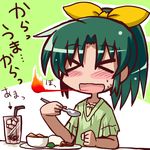  &gt;_&lt; :d breathing_fire closed_eyes commentary drink fire food green_hair green_shirt ikkyuu long_hair midorikawa_nao nasi_lemak open_mouth ponytail precure shirt smile smile_precure! solo spicy spoon translated xd 