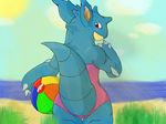  beach_ball blush brown_eyes female feral horn nidoqueen nintendo pok&#233;mon pok&eacute;mon seaside swimsuit unknown_artist video_games 