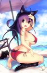  :o absurdres ahoge animal_ears arantheus ass barefoot beach beach_umbrella bikini boots bracelet breasts cat_ears cat_tail cloud day dimples_of_venus duel_masters fang feet high_heels highres huge_breasts jewelry long_hair looking_at_viewer looking_back open_mouth outdoors purple_eyes purple_hair red_bikini shading_eyes shiny shiny_skin shoes side-tie_bikini sideboob single_shoe sitting skindentation sky soles solo strap_gap swimsuit tail tasogare_mimi toes umbrella underboob wariza 