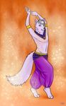  belly_dancer blackrose canine chiroina chyo fog fur gem gold harem_outfit harem_pants jaiden jewels light_purple_fur male mammal orange_markings pink_fur shimmering shiny smoke swirls wolf yellow_markings 