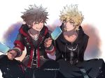  2boys ^_^ black_coat black_coat_(kingdom_hearts) blonde_hair blue_eyes brown_hair closed_eyes eyes_closed grin ice_cream_bar jewelry kingdom_hearts kingdom_hearts_iii male_focus multiple_boys necklace organization_xiii ringorenji roxas sitting smile sora_(kingdom_hearts) twitter_username 