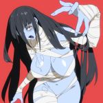  1girl bandage bandaged_arm bandaged_leg bandages black_hair blue_skin breasts commentary_request hair_between_eyes hair_over_one_eye highres large_breasts long_hair looking_at_viewer naked_bandage navel nude onsen_tamago_(hs_egg) open_mouth outstretched_arm red_background red_eyes saliva shiny shiny_hair shiny_skin simple_background solo yamada_tae zombie zombie_land_saga 