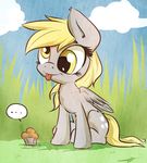  blonde_hair cloud clouds cutie_mark derp_eyes derpy_hooves_(mlp) equine female feral food friendship_is_magic fur grass grey_fur hair horse kyodashiro long_hair mammal muffin my_little_pony outside pegasus pony sitting sky smile solo tongue wings yellow_eyes 