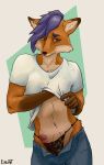  anthro canid canine clothed clothing clothing_lift erection fox fur girly hair hi_res humanoid_penis lace lingerie male mammal mrerrant panties partially_clothed penis poking_out purple_eyes purple_hair shirt shirt_lift shy solo underwear vulpini 