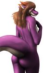  back brown_hair butt dragon girly hair horn kalnareff kalnareff_(character) long_hair looking_at_viewer looking_back male nude plain_background pose purple_skin seductive shiny simple_background solo standing thick_tail two_tone_skin white_background yellow_eyes 