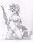  applejack_(mlp) breasts equine female freckles friendship_is_magic gun hat hi_res horse kneeling looking_at_viewer mammal metalfoxxx monochrome my_little_pony navel nipples pony pussy ranged_weapon rifle signature solo weapon 