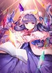  book bow crescent crystal hair_bow hat long_hair long_sleeves looking_at_viewer patchouli_knowledge philomelalilium purple_eyes purple_hair smile solo touhou 