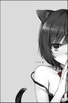  1girl absurdres animal_ears blush cat_ears cat_tail greyscale highres looking_at_viewer monochrome short_hair simple_background solo strap_slip tail takeuchi_aya 
