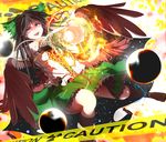  alternate_weapon arm_cannon black_hair black_wings blush bow breasts caution_tape fangs feathers fire hair_bow highres hybrid_(1212apro) long_hair open_mouth radiation_symbol red_eyes reiuji_utsuho skirt small_breasts solo third_eye touhou weapon wings 