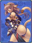  animal_ears armor armpits ass breasts brown_eyes brown_hair cameltoe cat_ears cat_tail final_fantasy final_fantasy_xi frame gloves hairband katy_(artist) large_breasts mithra ponytail solo sword tail weapon 