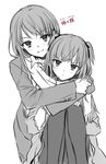  blush frown greyscale highres hug hug_from_behind looking_at_viewer monochrome multiple_girls pantyhose scarf shared_scarf simple_background sitting smile takeuchi_aya white_background 