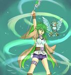  1girl bird duel_monster fingerless_gloves gloves green_eyes green_hair highres long_hair msa0011s open_mouth ponytail shorts staff standing wind wynnda,_miko_of_the_gusta wynnda_miko_of_the_gusta yu-gi-oh! 