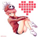  buruma commentary_request copyright_name full_body hat heart jacket jakuzure_nonon kill_la_kill long_hair pink_eyes pink_hair pixelated shinoasa sidelocks simple_background single_vertical_stripe sitting solo track_jacket white_background 