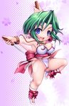  ankle_cuffs armpits arms_up back_bow bare_legs blue_eyes bow breasts chabo_(fuketsudan) chibi covered_nipples dagger dual_wielding earrings ellis_(toushinden) fang full_body green_hair holding holding_dagger holding_weapon jewelry large_breasts leotard necklace pink_background pink_bow ribbon see-through see-through_sleeves shoes short_hair smile solo standing standing_on_one_leg thong_leotard toushinden weapon white_leotard 