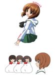  4girls :3 akiyama_yukari bag blush bound bow brown_eyes brown_hair character_name dated empty_eyes from_side gift girls_und_panzer green_skirt in_container in_sack messy_hair miniskirt mother_and_daughter multiple_girls nanashiro_gorou nishizumi_maho nishizumi_miho nishizumi_shiho no_legs o_o ooarai_school_uniform open_mouth pleated_skirt sack school_uniform serafuku short_hair siblings sisters skirt smile standing tied_up white_background 