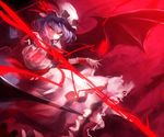  banned_artist bat_wings black_wings frilled_skirt frills hat hat_ribbon kozou_(soumuden) looking_at_viewer mob_cap open_mouth polearm purple_hair red_eyes remilia_scarlet ribbon shirt short_hair skirt skirt_set smile solo spear spear_the_gungnir touhou vest weapon wings wrist_cuffs 