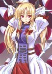  absurdres arms_behind_head arms_up blonde_hair breasts chan_(akuty_ikkot) cosplay dress fate_testarossa gap hair_ribbon highres juliet_sleeves large_breasts long_hair long_sleeves lyrical_nanoha pink_eyes puffy_sleeves ribbon solo tabard touhou tress_ribbon twintails very_long_hair white_dress yakumo_yukari yakumo_yukari_(cosplay) 