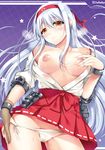  bad_id bad_pixiv_id blush breasts brown_eyes brown_gloves fingerless_gloves gloves hairband japanese_clothes kantai_collection large_breasts long_hair nipple_tweak nipples off_shoulder panties shoukaku_(kantai_collection) side-tie_panties silver_hair skirt smile solo sousouman underwear white_panties 