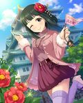  ;) architecture artist_request belt black_eyes black_hair blue_sky blush bow building buttons camellia closed_mouth cloud day earrings east_asian_architecture eyebrows_visible_through_hair floral_print flower fur_trim hair_flower hair_ornament holding idolmaster idolmaster_cinderella_girls jewelry leg_up long_hair long_sleeves looking_at_viewer miniskirt necklace niwa_hitomi official_art one_eye_closed outdoors pennant pink_footwear plaid plaid_bow purple_legwear shoes skirt sky smile solo sparkle thighhighs tree zettai_ryouiki 