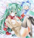  alternate_costume animal_ears ayuayu bad_id bad_pixiv_id bare_shoulders black_legwear blush breasts character_doll cirno cleavage covered_nipples frog_hair_ornament green_eyes green_hair hair_ornament heart kemonomimi_mode kochiya_sanae large_breasts long_hair looking_at_viewer marker_(medium) pillow scarf solo sweater tail thighhighs touhou traditional_media 