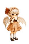  bat_wings brown_dress brown_eyes colored_pencil_(medium) cup dress full_body hat hat_ribbon mary_janes mob_cap open_mouth puffy_sleeves remilia_scarlet ribbon shoes short_sleeves silver_hair simple_background solo souri standing teacup touhou traditional_media white_background wings younger 