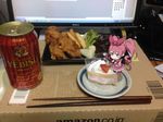  alcohol amazon_(company) beer beer_can blue_eyes bow box cake can cardboard_box chibi chopsticks computer cream cure_melody dell food fork french_fries fried_chicken fruit hair_bow houjou_hibiki kuroboshi_kouhaku long_hair photo_background pink_hair precure solo strawberry strawberry_shortcake suite_precure twintails vegetable whipped_cream yebisu 