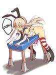  1girl ahegao artificial_vagina ass blush cum ejaculation erection futanari hard_translated kantai_collection masturbation nbo open_mouth penis penis_milking shimakaze_(kantai_collection) solo speech_bubble text thighhighs tongue tongue_out translated wide_hips 