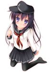  akatsuki_(kantai_collection) black_hair clenched_hand hat kantai_collection kneeling long_hair looking_at_viewer narumi_yuu_(imitmoon) neckerchief pantyhose pantyhose_pull purple_eyes red_neckwear skirt smile solo 