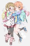  ;) ;d backpack bag black_legwear blush brown_hair character_name coat copyright_name earmuffs glasses hair_ornament hairclip highres hoshizora_rin hug jacket kiyose_akame kneehighs koizumi_hanayo leg_warmers looking_at_viewer love_live! love_live!_school_idol_project multiple_girls one_eye_closed open_clothes open_jacket open_mouth orange_hair pantyhose plaid plaid_skirt purple_eyes randoseru recorder_case red_hair shoes short_hair shorts skirt smile sneakers striped track_jacket 