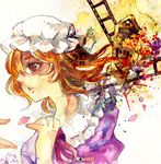  abstract album_cover alternate_eye_color bad_id bad_pixiv_id blonde_hair cover hair_over_one_eye maribel_hearn parted_lips petals rod_of_remorse short_hair sooru0720 touhou traditional_media watercolor_(medium) yellow_eyes 