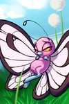  arthropod blush butterfly butterfree carrot_(artist) chubby digitigrade female flower grass insect masturbation nintendo outside pok&#233;mon pok&eacute;mon pussy pussy_juice red_eyes solo video_games 