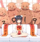  1girl 2019 animal bare_arms bare_shoulders barefoot black_hair blurry blurry_background blush body_writing bottomless braid bun_cover camisole chinese_zodiac closed_mouth collarbone commentary_request couch depth_of_field double_bun hatsunatsu meme on_couch orange_camisole original pig piper_perri_surrounded side_braids side_bun sitting smile solo sweat translation_request twin_braids year_of_the_pig 