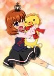  brown_hair crown dress fang kneehighs one_eye_closed open_mouth purple_eyes red_hair sakutarou scarf smile stuffed_animal stuffed_lion stuffed_toy umineko_no_naku_koro_ni ushiromiya_maria white_legwear yaya_(20090410) 