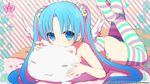  1girl angel_wings blue_eyes blue_hair blush bow bow_panties cat_pillow highres kamiyoshi_rika long_hair lying on_stomach original panties scrunchie striped striped_legwear striped_panties thighhighs topless twintails underwear wings 