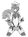  abs ahoge animal_ears blackheart blazblue breasts fingerless_gloves gloves greyscale large_breasts makoto_nanaya microskirt midriff monochrome navel revealing_clothes short_hair skirt solo spread_legs squirrel_ears squirrel_tail tail thighhighs tonfa underboob weapon 