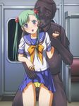  1girl artist_request blue_eyes blue_hair chikan fat fat_man forced highres ikkitousen jewelry licking long_hair magatama molestation old_man penis shokatsuryou_koumei train twintails yozo_(yozo2000) 