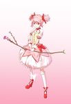  arrow bad_id bad_pixiv_id bow bow_(weapon) bubble_skirt choker dress flower gloves grey_background hair_bow kaname_madoka magical_girl mahou_shoujo_madoka_magica pink_eyes pink_flower pink_hair pink_rose revision rose short_twintails skirt solo soul_gem tokumaro twintails weapon 