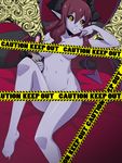  barefoot black_sclera breasts caution_tape censored demon_girl demon_horns demon_tail demon_wings fearless_night hell_princess highres horns keep_out large_breasts long_hair low_wings navel nude pointy_ears purple_skin red_hair solo spike_wible stuffed_toy tail toenail_polish toes wings yellow_eyes 
