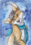  ambiguous_gender blackdiaraikia blue_background brown_hair canine fox fur hair mammal plain_background scarf solo tan_fur 