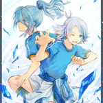  back-to-back blue_eyes blue_hair fubuki_shirou inazuma_eleven inazuma_eleven_(series) inazuma_japan kazemaru_ichirouta lightning_bolt long_hair male_focus multiple_boys one_eye_closed open_mouth ponytail soccer_uniform sportswear yellow_eyes yuhazu_(rhe-rhe) 