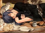  animal black_hair cat drink hakuouki_shinsengumi_kitan hug long_hair male ponytail robinson saitou_hajime shade sleeping 